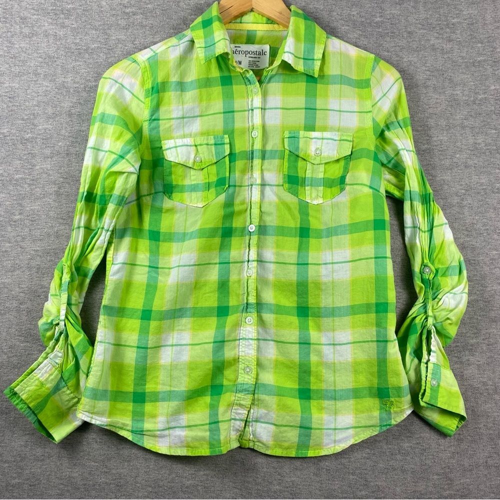 Aeropostale Womens‎ Green/White Madras Plaid Long Sleeve utton Down Blouse SZ M